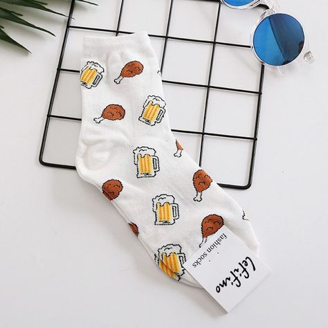 ♡ Chicken & Beer Socks - $2  ♡ Fancy Socks, Beer Socks, Food Socks, Beer Chicken, Burger Fries, Cartoon Fruit, Korean Socks, Avocado Banana, Dating Gifts