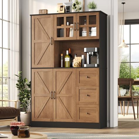 1. **Flexible Storage Cabinet:** This pantry cabinet provides 6 compartments, a spacious countertop, and 3 sliding drawers, offering efficient storage options in a compact design. 2. Farmhouse Pantry Cabinet, Farmhouse Pantry Cabinets, Cabinet With Microwave, Food Pantry Cabinet, Farmhouse Pantry, Microwave Stand, Kitchen Pantry Storage Cabinet, Pantry Storage Cabinet, Kitchen Pantry Storage