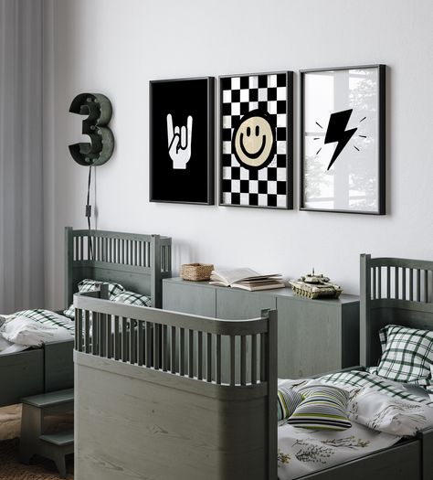 Punk Rock Nursery Ideas, Dirtbike Themed Nursery, Lightning Bolt Nursery, Rad Boy Nursery, Checkered Theme Nursery, Moody Toddler Boy Room, Punk Rock Nursery, Checkered Toddler Room, Baby Boy Skater Nursery