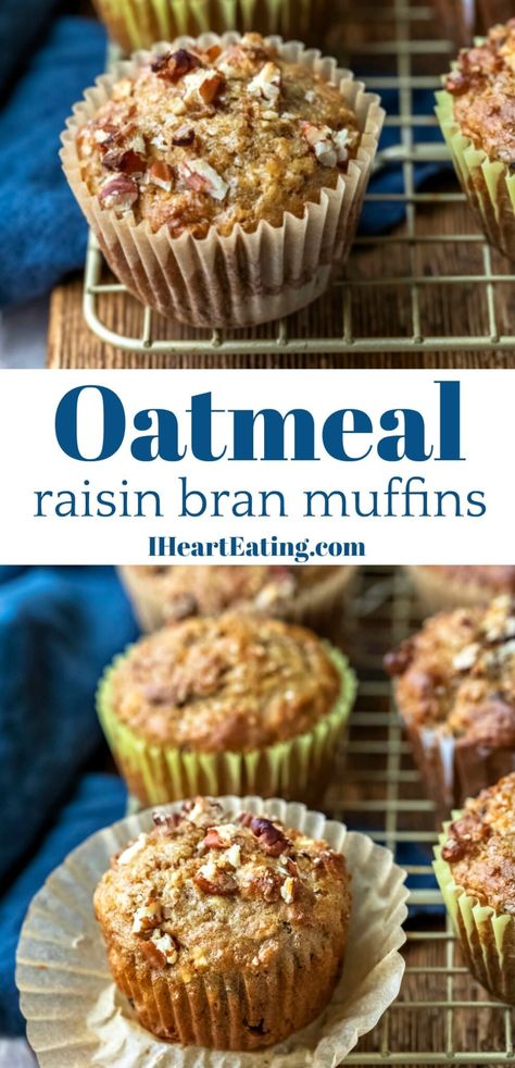 Oatmeal Raisin Bran Muffins - soft oatmeal raisin bran muffins made with healthy ingredients like apples and cranberries. Healthy make-ahead breakfast that freezes well. Oatmeal Bran Muffins Healthy, Oat Raisin Muffins, Muffins Using Raisin Bran Cereal, Raisin Bran Cereal Recipes, Bran Apple Muffins, Healthy Raisin Bran Muffins, Raisen Bran Muffins Recipes, Oatmeal Raisin Muffins Healthy, Oatmeal Raisin Muffins Moist