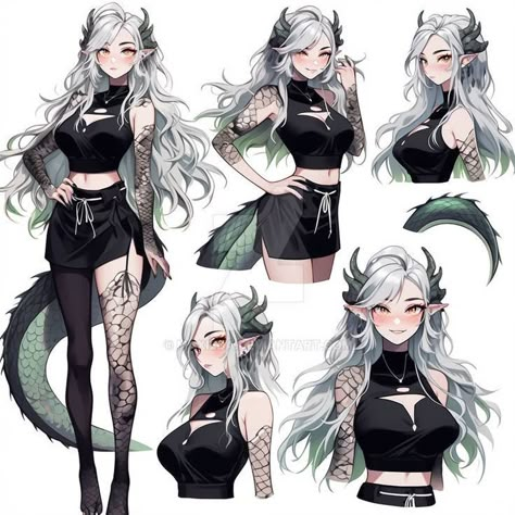 Hanzo Nijijourney Showcase (AI) Oc Art Character Design Female, Dragon People Character Design, Anime Dragon Female, Character Designs Female, Anime Female Oc Character Design, Oc Female Character Design, Dragon Woman Hybrid, Dragon Vtuber, Character Design Dragon