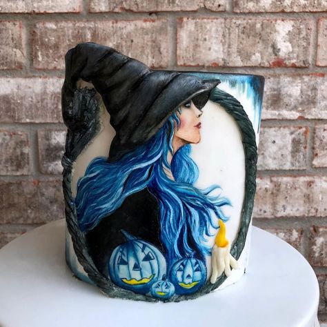 Hand painted witch Halloween cake Halloween Witch Cake, Witch Cake, Hat Cake, Hand Painted Cakes, Samhain Halloween, Halloween Baking, Modeling Chocolate, Halloween Cake, Painted Cakes