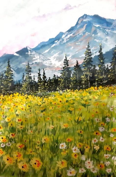 Watercolor Art Professional, Wild Flowers Acrylic Painting Easy, Valley Of Flowers Painting, Colorado Wildflowers Drawing, Mountain Meadow Painting, Mountain Wildflowers Painting, Wild Flowers Mountain, Rh Decals, Paintings Nature