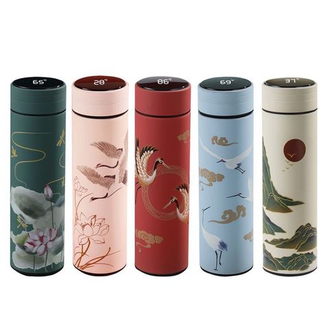 Chinese Painting Style, Personalized Flask, Tea Flask, Gold Kitchen Accessories, Trendy Water Bottles, Steel Thermos, Luxury Packaging Design, Cute Stationary School Supplies, Bottle Design Packaging