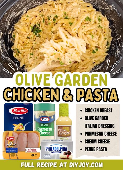 5-Ingredient Olive Garden Crockpot Chicken & Pasta Recipe Olive Garden Chicken Pasta Crockpot, Olive Garden Crockpot Chicken, Olive Garden Crockpot, Chicken Recipes With Cream, Crockpot Chicken Pasta, Chicken Recipes With Cream Cheese, Olive Garden Chicken Pasta, Chicken Ramen Noodle Recipes, Recipes With Cream Cheese