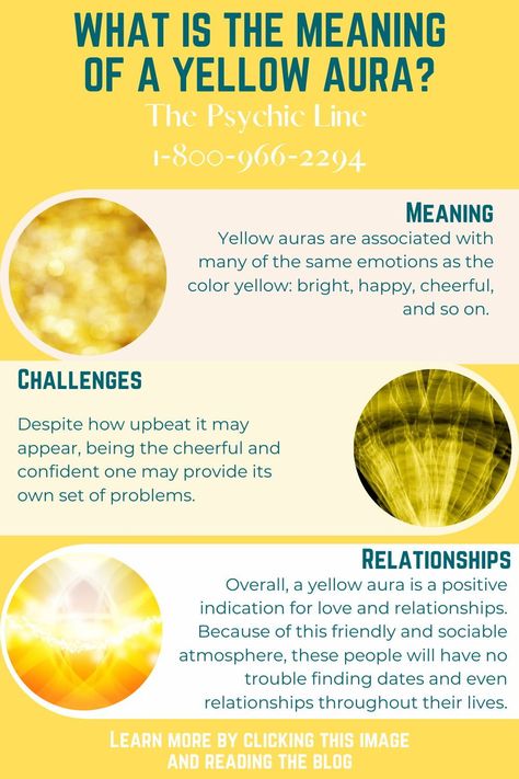 Yellow auras are associated with many of the same emotions as the color yellow: bright, happy, cheerful, and so on. People with yellow auras are usually quite pleasant to be around, have the capacity to brighten the mood, and are generally intellectually curious. Read more about aura's on our blog post! Call now for a psychic reading at 1-800-966-2294 Yellow Meaning, Aura Colors Meaning, Yellow Aura, The Color Yellow, Color Meanings, Aura Colors, Spiritual Enlightenment, Psychic Reading, Colour Yellow