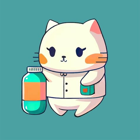 Gatito con pastillas kawaii | Premium Vector #Freepik #vector #remedios #medicamentos #medicacion #bata-doctor Kawaii Vector, Premium Vector, Pet, Kawaii