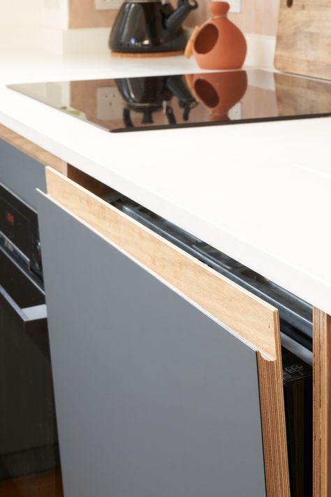 Kitchen Drawer Without Handle, Kitchen Cabinets Without Hardware, Diy Kitchen Cabinet Doors Plywood, J Profile Handle Kitchen, Birch Ply Kitchen Cabinets, Marine Plywood Kitchen, Baltic Birch Plywood Cabinets, Sektion Cabinets, Ikea Kitchens