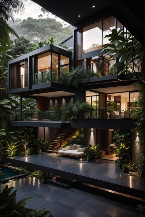 Dark Luxury House Exterior, Modern Jungle House, Nature House Design, Dark Modern House, Jungle House, Houses Interior, Architect Design House, Amazing Homes, Unique House Design