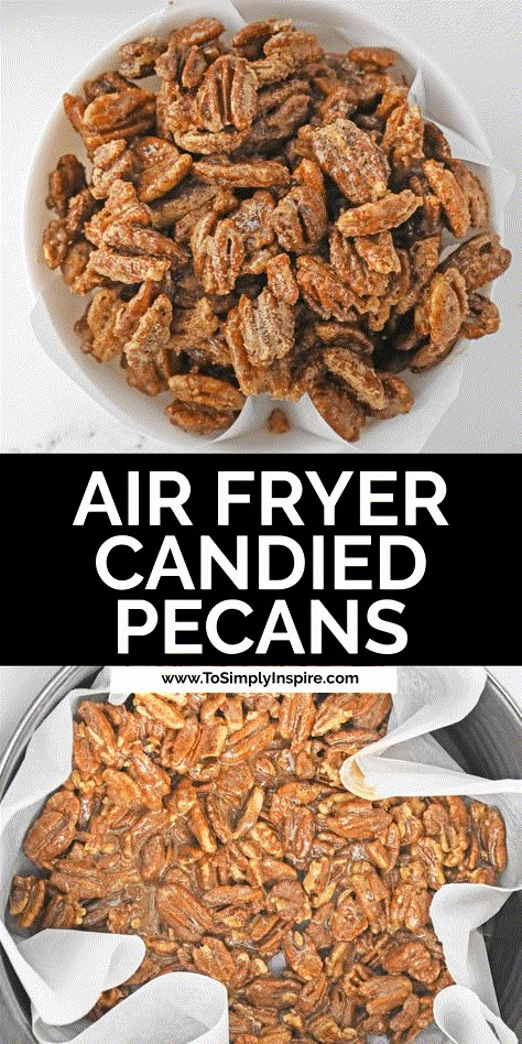 These air fryer candied pecans are a wonderful easy snack to make with just a handful of simple ingredients. Coated in a blend of sugars, egg whites, and cinnamon, these sweet, crunchy pecans are perfect for snacking or a topping for salads, ice cream and desserts. Snack To Make, Recipe Air Fryer, Candied Pecans Recipe, Turkey Meatloaf Recipes, Kfc Recipe, Fruit Toppings, Roasted Pecans, Crunchy Pecans, Easy Air Fryer