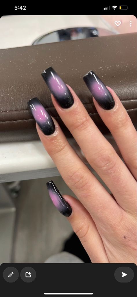 Black and pink coffin nails, acrylics, square gel nails Pink And Black Hoco Nails, Black Aurora Nails, Gothic Pink Nails, Black And Pink Aura Nails, Black And Pink Acrylics, Black Nail Sets Medium, Pink Punk Nails, Pink Black Nails Designs, Black And Baby Pink Nails