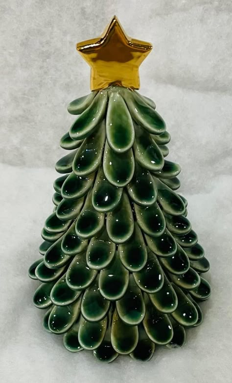 Ceramic Christmas Decorations Diy, Pottery Xmas Trees, Christmas Tree Pottery, Christmas Tree Ceramic, Ceramic Pottery Christmas Tree, Clay Christmas Tree Tea Light, Whimsical Ceramic Christmas Trees, Holiday Pottery, Pottery Ornaments