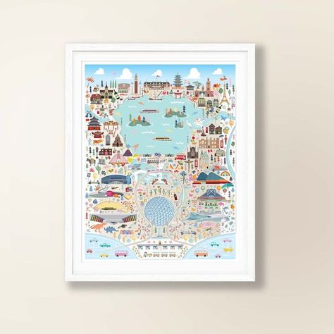 Sizes Available: 11x14, 22x28, 30x40 and 36x48 Illustrated by Will Blaine Made in the USA #areyouonthemap #artprint #disney #Epcot #local #art #themepark #etsy #etsystore #wedding #weddinggift #disneyweddinggift #gift Epcot Map, Whimsical Map, Casa Disney, Disney Wall Decor, Florida Theme Parks, Florida Art, Disney World Magic Kingdom, Map Pictures, City Map Art