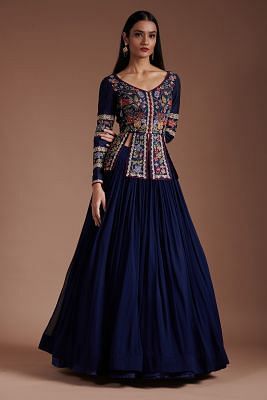 Buy Dark Navy Blue Mirror Embroidered Georgette Designer Lehenga Online | Samyakk Navy Blue Blouse Designs For Lehenga, Sarara Design Latest Party Wear, Lehenga Skirt Designs Latest, Blue Skirt Outfit Indian, Georgette Half Saree Designs, Navy Blue Lehenga Simple, Western Choli Design, Latest Chaniya Choli Design For Marriage, Latest Chaniya Choli Design