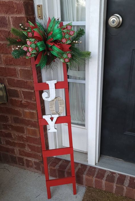 Get your porch ready for Christmas #etsy shop: Red Ladder Porch Sign for Christmas, Joy Door Sign, Joy Ladder Sign for Front Porch, Christmas Porch sign, JOY leaning sign for foyer, https://etsy.me/3So8QHl #christmasporchsign #unframed #wood #entryway #redwallhanger Green Porch Decor, Front Door Xmas Decor Ideas, Christmas Ladder Decorations, Christmas Ladder Decor, Ladder Christmas Decor, Christmas Ladders Ideas, Green Porch, Grave Blanket, Christmas Ladder