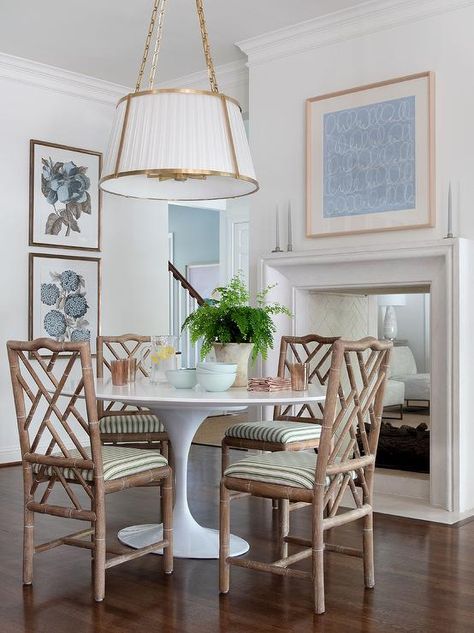 Ralph Lauren Windsor Large Hanging Shade with Oval Saarinen Table - Transitional - Dining Room Katie Davis Design, Katie Davis, Bamboo Dining Chairs, Transitional Dining Room, Tulip Table, Dining Chair Design, Up House, Dining Room Inspiration, Faux Bamboo