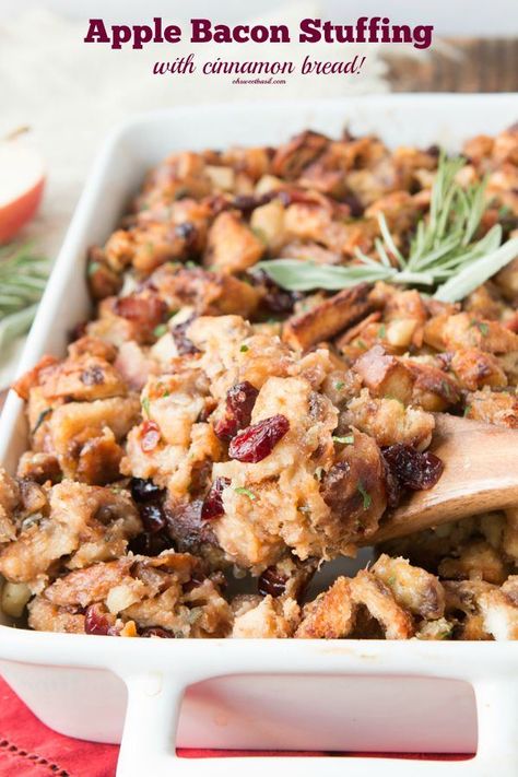 The stuffing recipe that made me a fan of stuffing for the first time! Sweet and savory apple bacon stuffing! ohsweetbasil.com The Cozy Apron Recipes, Savory Cranberry Recipes, Cranberry Stuffing Recipes, Classic Casseroles, Bacon Stuffing, Classic Stuffing, Cranberry Stuffing, Roasted Hazelnuts, Apple Sausage