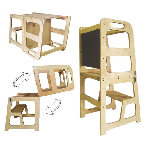 Safe foldable wooden Learning Tower with table and chair for children 2in1 Learning Tower Diy, Montessori Tower, Toddler Tower, Workshop Projects, Toddler Climbing, Kitchen Step Stool, Kitchen Safety, Learning Tower, Diy Toddler