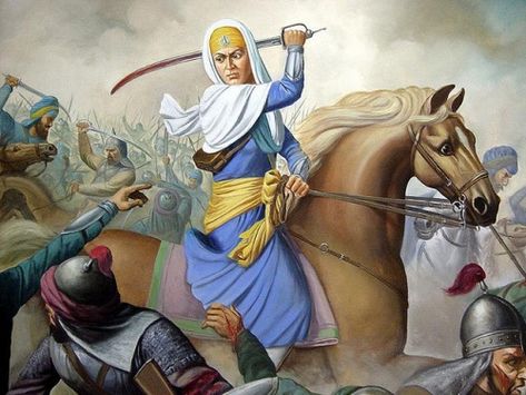 Mai Bhago (also known as Mata Bhag Kaur) was a Sikh woman who led Sikh soldiers against the Mughals in 1705. She killed several enemy soldiers on the battlefield, and is considered to be a saint by Sikhs. भारतीय इतिहास, Historical India, Punjabi Culture, Religious Photos, Indian History Facts, Warriors Wallpaper, Guru Gobind Singh, Guru Pics, Womens History Month