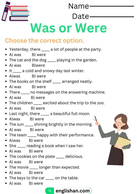 Was Were Worksheets - MCQs - English Grammar Worksheets Was Were Grammar, Was Were Exercises, Was And Were Worksheets, Grade 2 English Worksheets, Was Were Worksheet, Learning English Grammar, Grade 2 English, Easy English Grammar, English Teaching Resources