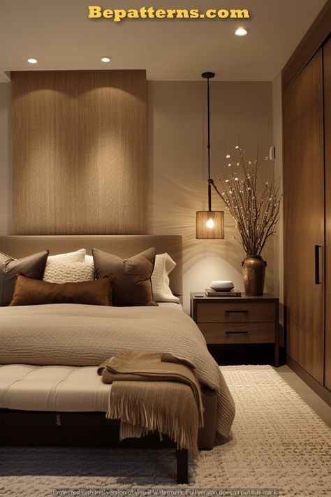 Modern Wooden Bedroom Design, Masculine Couples Bedroom, Neutral And Earthy Bedroom, Earthy Color Interior Design, Contemporary Bedroom Ideas Master Suite, Bedroom Color Aesthetic, White And Bronze Bedroom, Neutral Interior Design Bedroom, Neutral Elegant Bedroom