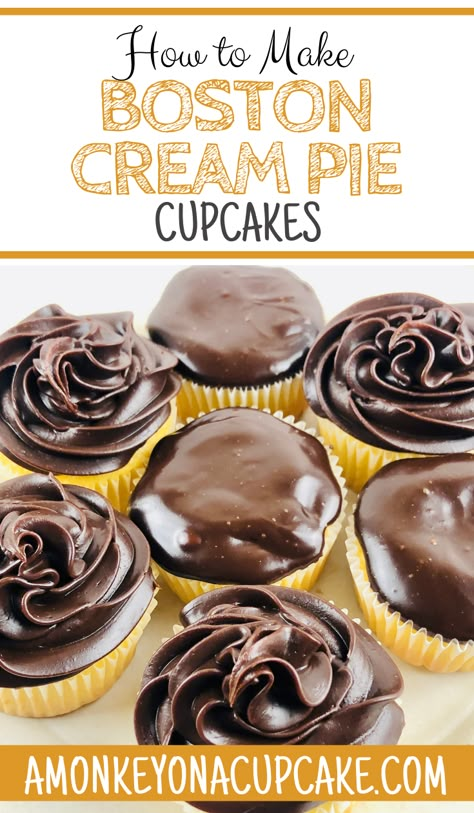 Boston Creme Pie Cupcakes, Boston Cream Cupcakes Recipe, Cream Pie Cupcakes, Boston Cream Pie Recipe, Creme Cupcake, Boston Cream Cupcakes, Boston Cream Pie Cupcakes, Cream Filled Cupcakes, Cake Mix Cupcakes