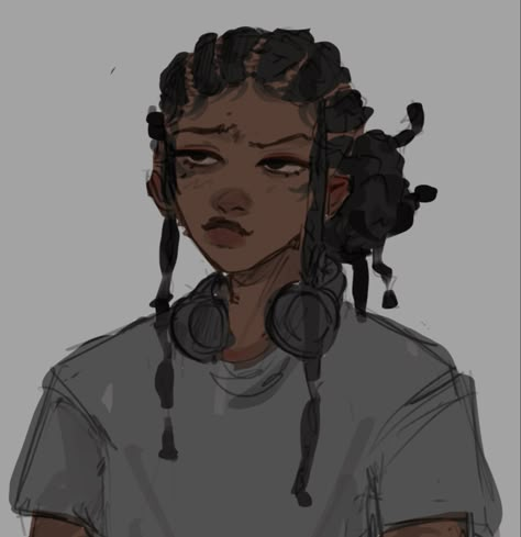 Black Oc Inspiration, 90s Character Design, Poofy Hair Drawing, Masculine Women Drawing, Dreadlock Drawing, Apocalyptic Character Art, Tomboy Oc Art, Bun Hairstyle Drawing, How To Draw Dreads