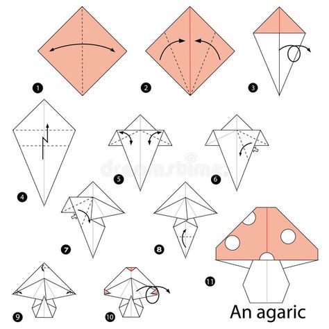 Step by step instructions how to make origami An Agaric. Toy cartoon cute paper steps origami royalty free illustration Origami Step By Step, Cute Origami, Origami Patterns, Instruções Origami, Origami Paper Art, How To Make Origami, Origami Instructions, Origami Animals, Origami Design