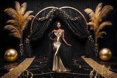 Movie Premiere Backdrop, Royal Event Theme, Backdrop Ideas For Photos, Black And Gold Masquerade Party Decor, Vogue Birthday Party, 50th Birthday Photoshoot Ideas For Women, Black And Gold Party Theme, Picture Backdrop Ideas, Great Gatsby Backdrop