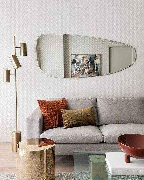 Beige Couch Living Room, Beige Couch, Asymmetrical Mirror, Mirror Home Decor, Irregular Mirror, Diy Interior Decor, Aesthetic Mirror, Applique Pillows, Mirror On The Wall