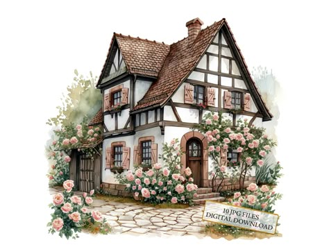 Note: these are Digital JPG files, NO transparent background! Introducing my Old German House Overgrown with Flowers Watercolor Clipart Bundle, the perfect addition to your fun and creative collection! At an affordable price, this bundle is a practical investment for anyone looking to add more fun and creativity to their projects and everyday life. Use this bundle collection of Old German House Overgrown with Flowers watercolor illustrations to create beautiful personal projects or unique gifts. German Country House, Overgrown House Drawing, Traditional German House, Old Houses Drawing, Old House Aesthetic, Drawings Of Old Houses, Old German Houses, Flower House Illustration, German Medieval House