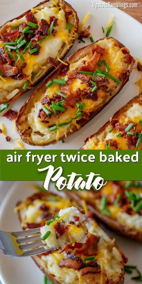 Twice Baked Potato Air Fryer, No Meet Food, Baked Potato Air Fryer Recipes, Air Fryer Optavia Recipes, Airfryer Meals For One, Airfryer Side Dishes, Airfryer Lunch Ideas, Twice Baked Potatoes Air Fryer, Airfryer Potatoes Recipe