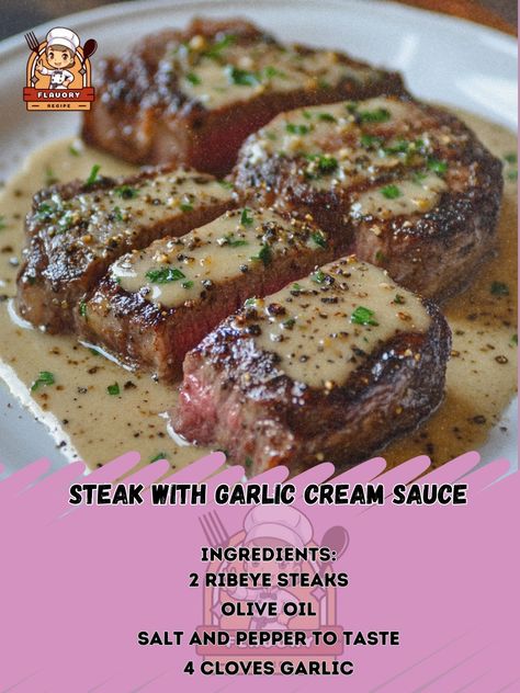 🔥 Elevate your steak game with this mouthwatering Steak with Garlic Cream Sauce recipe! 🥩✨ Steak with Garlic Cream Sauce Ingredients: - 2 ribeye steaks (1 inch thick) - 2 tbsp olive oil - Salt and pepper to taste - 4 cloves garlic, minced - 1 cup heavy cream - 1/2 cup beef broth - 1/4 cup grated Parmesan cheese - Fresh parsley, chopped for garnish Instructions: 1. Season steaks with salt and pepper. 2. Heat olive oil in a skillet over medium-high heat. 3. Sear steaks for 4-5 minutes per si... Garlic Cream Sauce Recipe, Boneless Ribeye Steak, Ribeye Steak Recipes, Cream Sauce Recipe, Garlic Cream Sauce, Rib Eye, Seared Steak, Angus Beef, Steak Bites