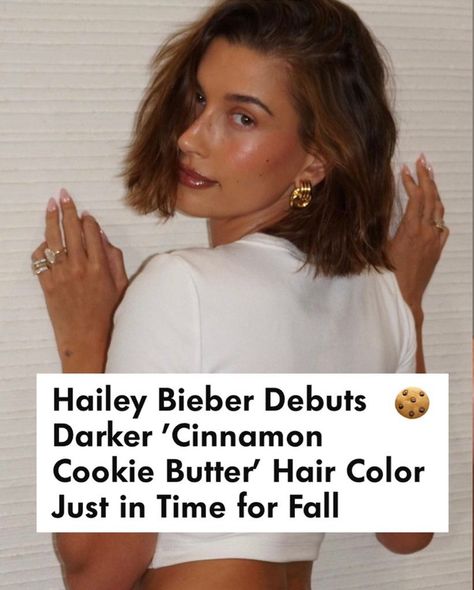 Butter Hair Color, Hailey Bieber Hair Color, Hailey Bieber Hair, Colored Bobs, Darker Hair, Cinnamon Hair, Cinnamon Cookies, Cookie Butter, Chin Length Hair