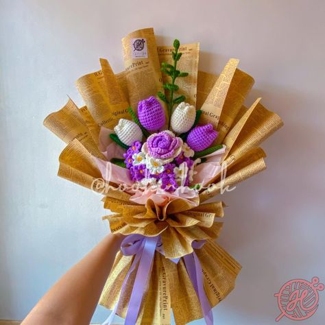 New favorite added! Huge thanks for choosing the purple-themed crochet flower bouquet wrapped in a vintage newspaper bouquet wrappers. 💜💐 DM us to order. #anniversarygift #bouquetwrapping #crochetdaisy #flowers #crochetrose #mothersdaygift #flowerbouquet #crochettulip #brideflower #bridalshowergift #crochetsunflower #fathersdaygift #teachersdaygift #crochetlavender #monthsarygift #crochetflowerbouquet #bouquet #crochetph #birthdaygift Flowers With Newspaper, Newspaper Flower Bouquet, Newspaper Bouquet, Flower Bouquet Eucalyptus, Wrap Bouquet, Monthsary Gift, Newspaper Wrapping, Newspaper Flowers, Bouquet Eucalyptus