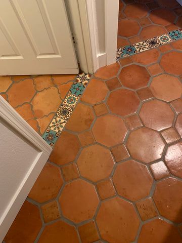 Mexican Tile Floor Living Room, Tiles For Kitchen Floor, Saltillo Tile Bathroom, Octagon Tile Floor, Clay Tile Floor, Mexican Kitchen Ideas, Saltillo Tile Kitchen, Door Saddle, Mexican Tile Floor