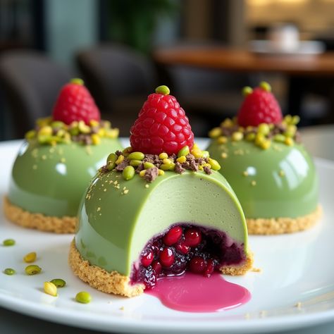 Treat yourself to these stunning Pistachio and Raspberry Cheesecake Domes—a perfect balance of creamy pistachio and tangy raspberry, beautifully crafted for any occasion.  These bite-sized delights are as delicious as they are gorgeous!  #CheesecakeDomes #PistachioDessert #RaspberryDessert #DessertLovers #ElegantDesserts #CheesecakeRecipe #SweetTreats #DessertGoals #BakingInspiration #Foodie Pistachio Marshmallow, Fancy Looking Desserts, Pistachio And Raspberry, Pistachio Dessert, Raspberry Desserts, Elegant Desserts, Raspberry Cheesecake, Fancy Desserts, Sweets Recipes