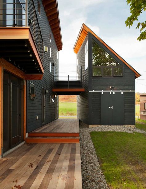 Vermont home designed to take advantage of idyllic lakefront setting Modern Black House Exterior, Home Designs Exterior, Grey House, Contemporary Exterior, Black House Exterior, Home Additions, Modern Exterior, The Building, House Designs Exterior