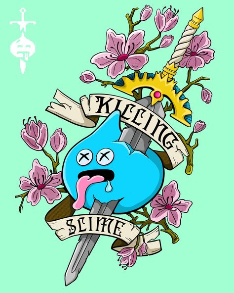 so some time back @satellite.swift asked me to do a design for a tattoo with the Dragon Quest / Dragon Warrior slime being run through by the sword of Erdrick with a text scroll that said "Killing Slime", also some cherry blossoms . I did that original in a simple black line style that was very flat sort of american traditional. I thought it would be fun to go back and redo that design with a bit more color and dimension. It is also @satellite.swift birthday today so i thought it would be a g... Dragon Quest Tattoo, Dragon Quest Art, Dragon Warrior, Birthday Today, Run Through, Dragon Quest, Black Line, Some Times, American Traditional