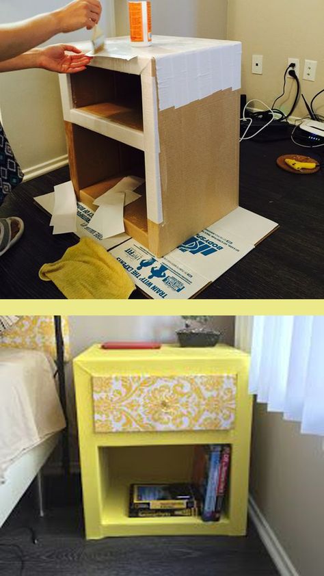 Cardboard Box Nightstand Diy, Cardboard Box Furniture Diy, Diy Decor Cardboard, Diy Table Cardboard, Cardboard Nightstand Diy, Cardboard Side Table Diy, Cardboard Box Shelves Diy, Cardboard Diy Decor, Cardboard Furniture How To Make