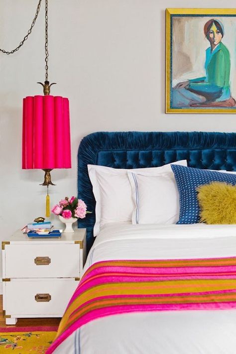 Emily Henderson Bedroom, Blue Velvet Headboard, Navy Bedrooms, Blue Headboard, Velvet Headboard, Eclectic Bedroom, Colorful Home, Adjustable Beds, Humble Abode