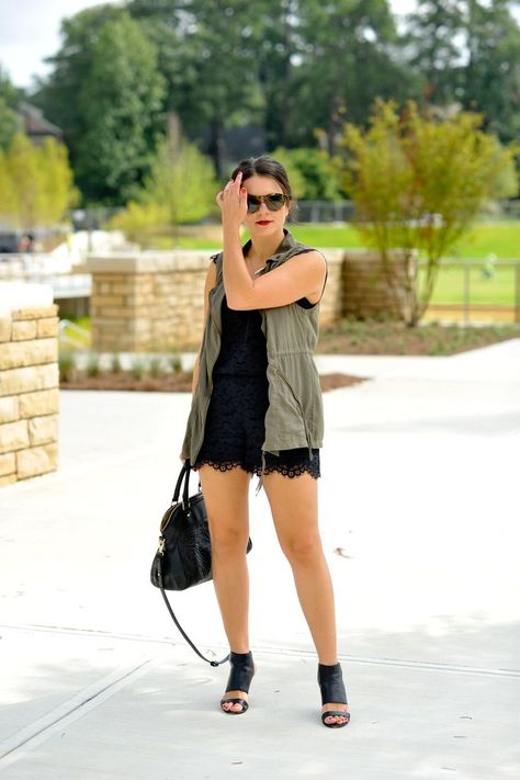 lace romper and vest outfit via @mystylevita [My Style Vita]