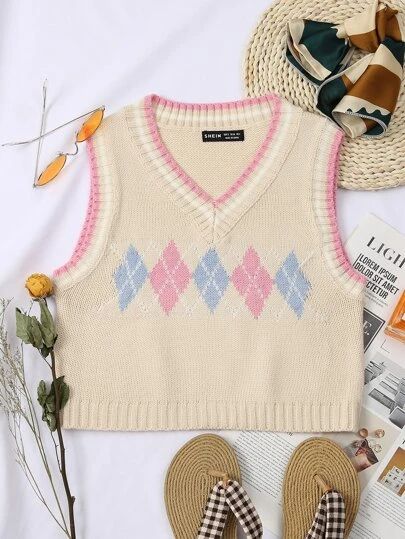 Argyle Pattern Sweater Vest | SHEIN USA Pattern Sweater Vest, Sweater Vests, Fall Fit, Argyle Pattern, Motif Vintage, Style Preppy, Chic Sweaters, Pattern Sweater, Knit Crop Top