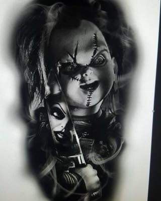 Tiffany Tattoo, Chucky Tattoo, Images Terrifiantes, Horror Movie Tattoos, Realistic Tattoo Sleeve, Evil Tattoos, Movie Tattoo, Movie Tattoos, Men Tattoos Arm Sleeve