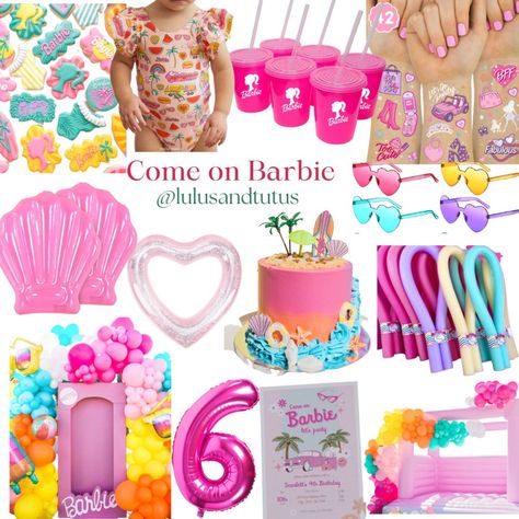 Malibu Barbie Surfboard, Tropical Barbie Party, Malibu Beach Barbie Party, Beach Barbie Birthday Party, Barbie Birthday Pool Party, Barbie Swim Party, Barbie Pool Party Cake, Barbie Pool Cake, Barbie Beach Birthday Party