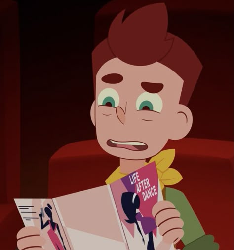 David, from the animated series “camp camp” looking confused at a book. David Camp Camp, Camp Camp, Red