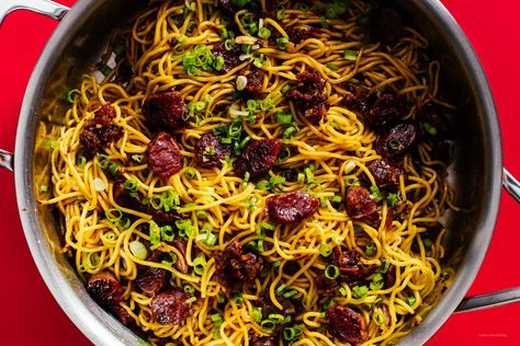 XO Sauce and Chinese Sausage Noodles Recipe - www.iamafoodblog.com Chinese Sausage Recipes, Recipes With Chinese Sausage, Chicken Sausage Recipes Healthy, Noodles With Sausage, Sausage Noodles, Tasty Noodles Recipe, Beef Sausage Recipes, Recipe Noodles, Noodles Asian