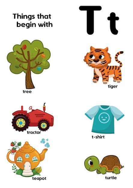 Things that start with the letter t educ... | Premium Vector #Freepik #vector #kindergarten-school #kids-worksheet #kids-alphabet #worksheet T Is For, Letter T Pictures, Letter T Worksheets For Preschool, Preschool Background, Letter T Words, Tree Preschool, Letter T Activities, Alphabet School, Cursive Writing Practice Sheets