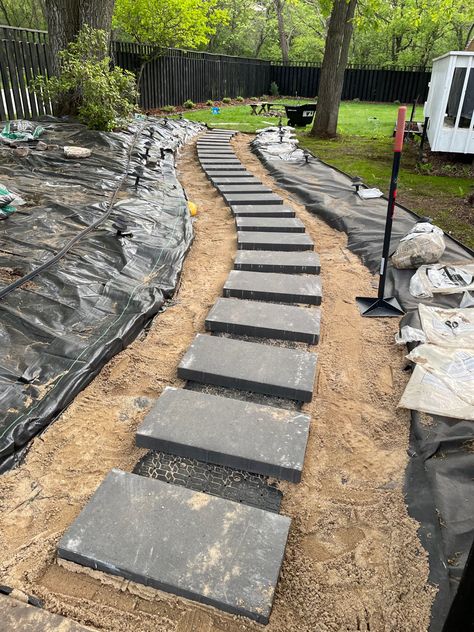 How i did my own paver path in our backyard and added to our outdoor space! Gravel And Stone Pathway, Paver Walkway With Rocks In Between, Side Yard Walkway Ideas Cheap, How To Make Pavers, Rock Walkways Paths Diy, Large Pavers Walkway, Outdoor Walkway Ideas Pathways, Paver Pathway Ideas, Paver Sidewalk