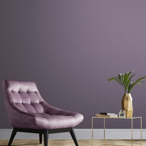 Bedrooms With Purple Walls, Dusty Purple Living Room, Purple Paint Room, Purple Toned Grey Paint, Purple Feature Wall, Purple And Gray Living Room, Purple Office Ideas, Purple Hallway, Purple Home Office